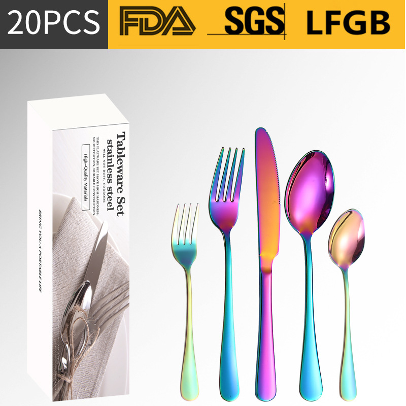 Amazon Venta caliente vajilla de acero inoxidable 20/40/60 unidades conjunto 1010 serie 5 piezas principales caja simple cuchillo, tenedor y cuchara traje