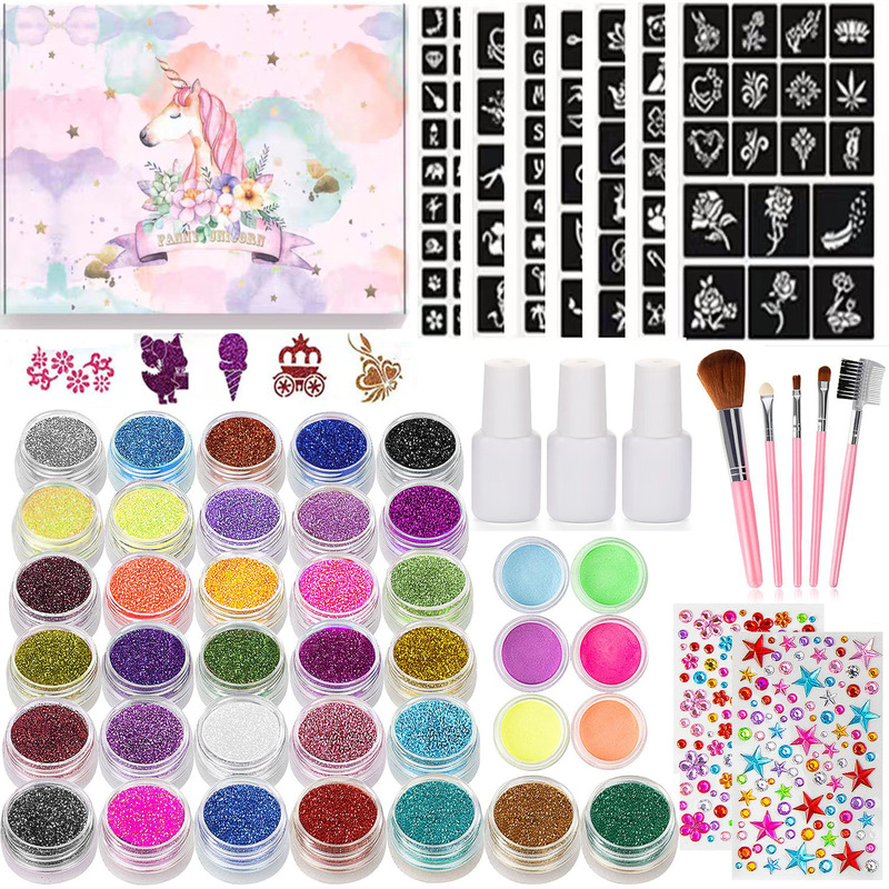 Cross-Border New Product 30+6 colors glitter tattoo suit painted luminous powder temporary party diamond tattoo suit