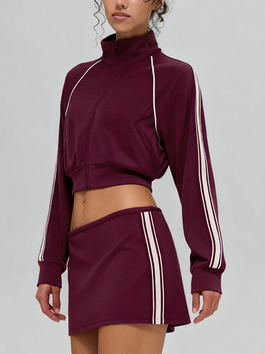 Autumn and winter new modal air-layer jacket with white stripes, breathable stand-up collar, zippered coat and short skirt—women's casual sports suit