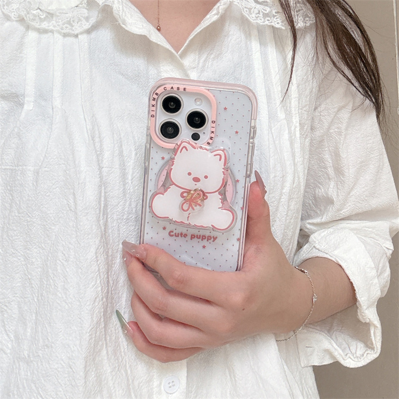 Oso de lazo de dibujos animados de lunares rosa para Apple 16ProMax funda para teléfono móvil 15Pro magnético 14/13 hembra