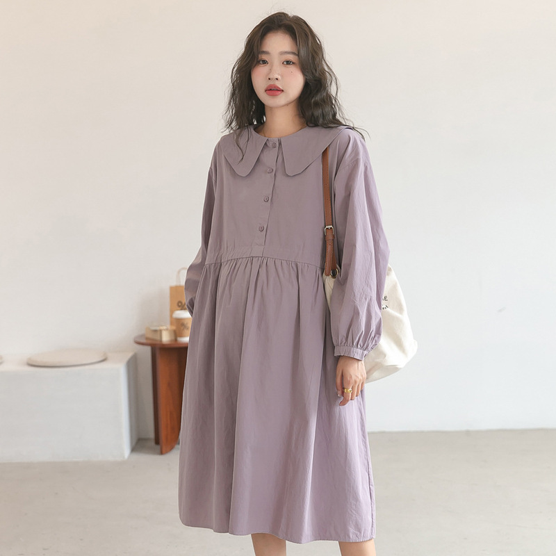 Autumn New Maternity Dress Korean Style Fashionable Cute Age-Reducing Doll Collar Mid-Length Long-Sleeved Dress