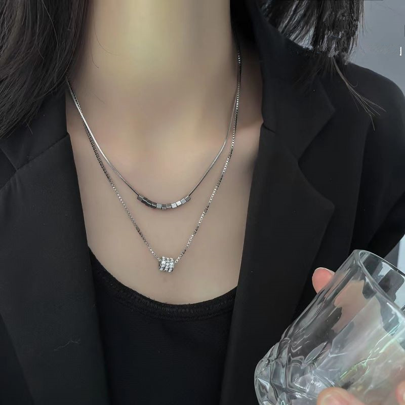 Double Layer Sparkling Diamond Necklace For Women Silver Chain_voghion.com