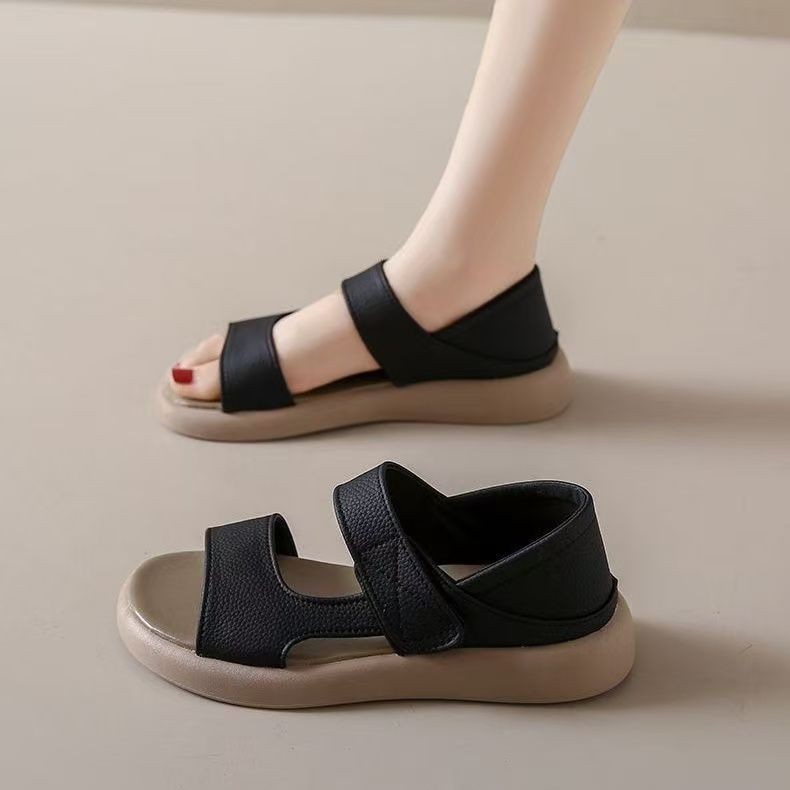 Bolsillo de tacones sandalias para mujeres 2026 nuevo cuero con una sola gruesa dos zapatos romanos velcro zapatos casuales de tamaño pequeño
