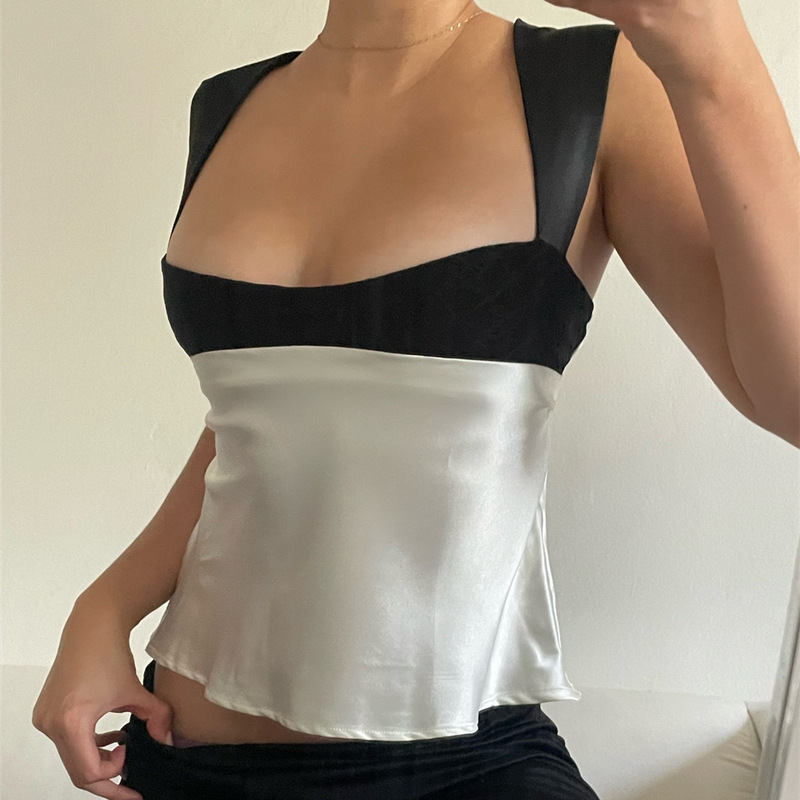 AliExpress 2024 Summer New Fashionable Sexy Backless Contrast Color Slim-fit Slimming Short Sleeveless Camisole for Women