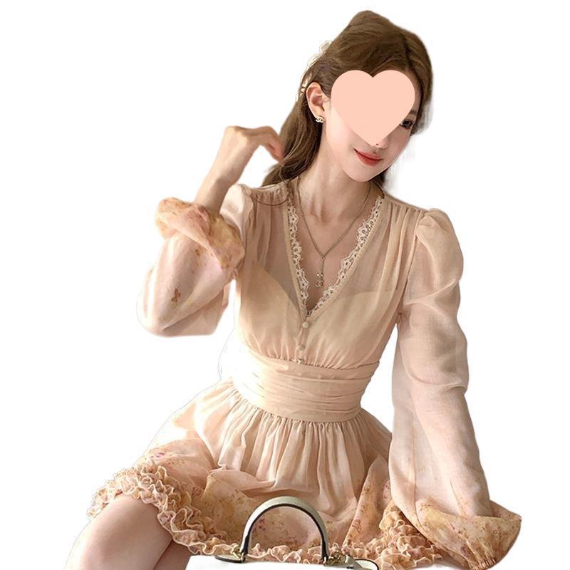 秋季新款女装小个子茶歇法式绝美气质高级感v领长袖碎花连衣裙子|undefined
