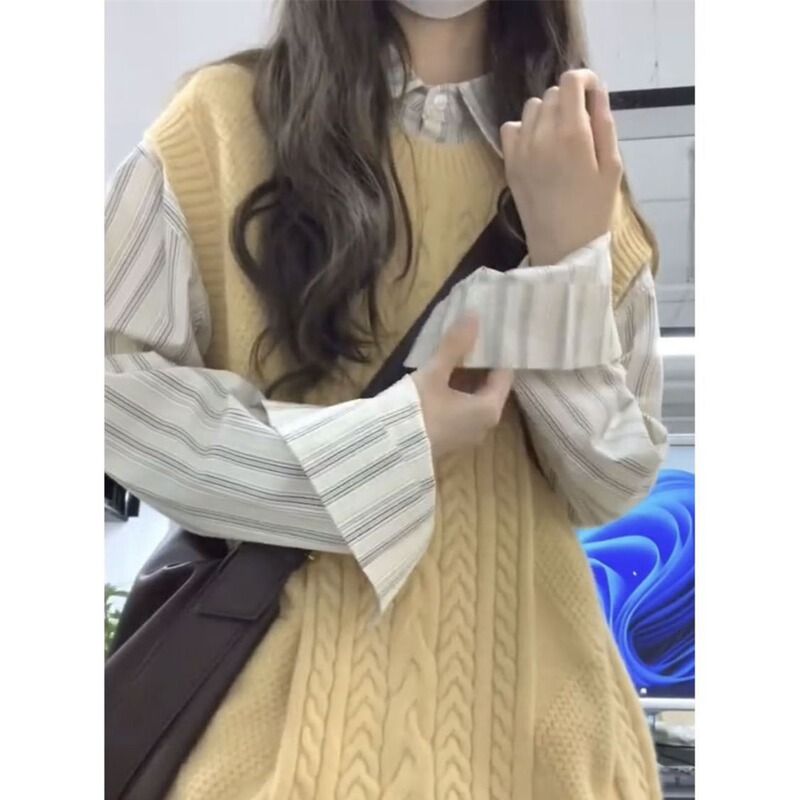 Two-piece/suit preppy style retro yellow sweater vest sweater female student + striped shirt Two-piece/suit preppy style retro yellow sweater vest sweater female student + striped shirt
