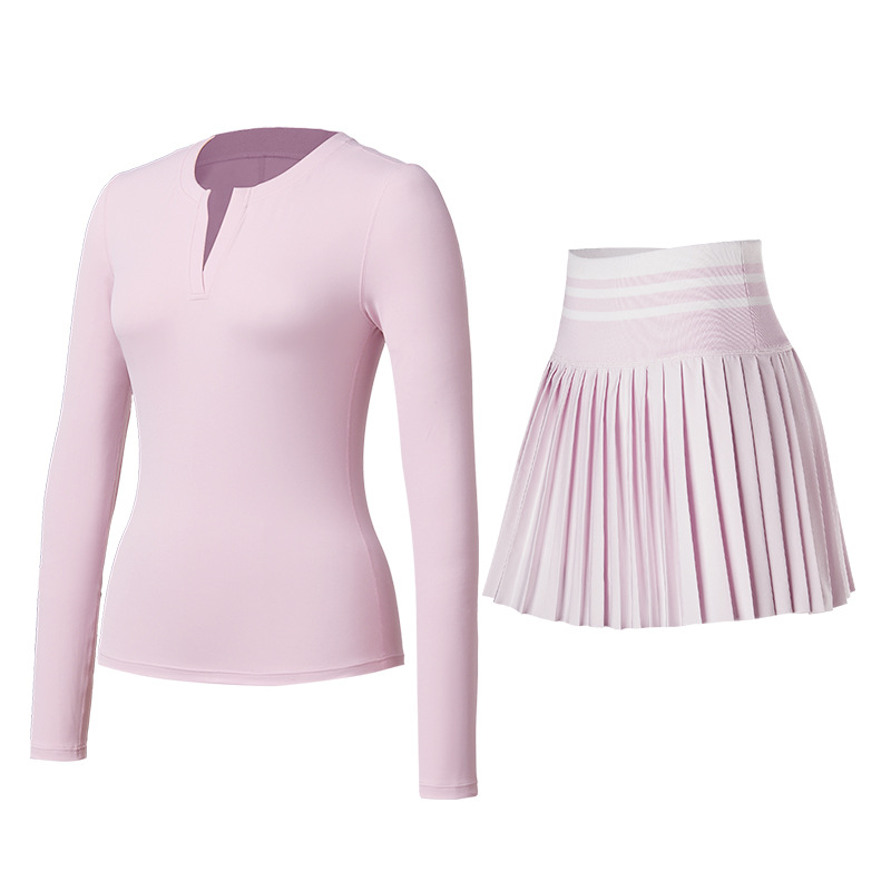 Trajes deportivos de otoño y invierno ropa de tenis ropa de yoga cuello V mangas largas anti-luz falda de tenis para correr camisetas deportivas