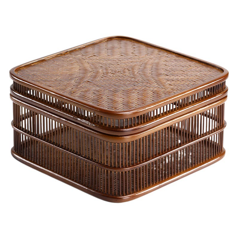 Бамбуковая тканая полая коробка для чая Чайная комната для хранения чайного подноса двойного назначения Бамбуковая чайная коробка Чайная коробка Винтажная старомодная квадратная полая отделка