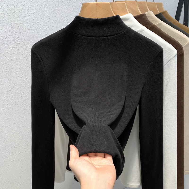 Camisa de fondo cepillada de doble cara para mujer 2023 nueva camiseta de manga larga con cuello alto elegante para mujer cálida Cintura interior ajustada