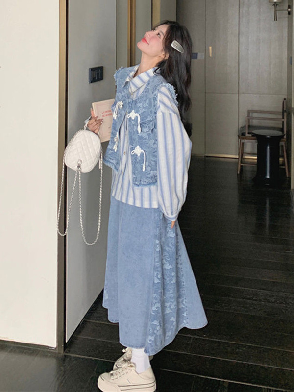 新中式国风牛仔套装裙女春秋2025新款马甲条纹衬衫半身裙三件套潮|undefined