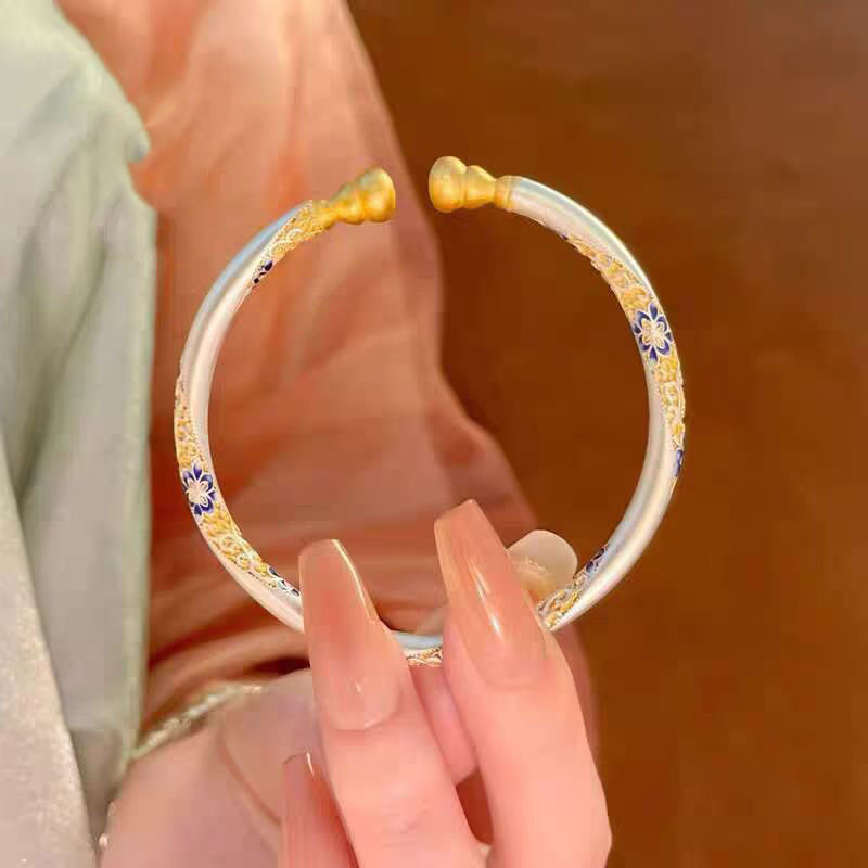 描金珐琅彩繁花葫芦手镯女实心开口轻奢素圈古法镀银手环镯子复古|undefined