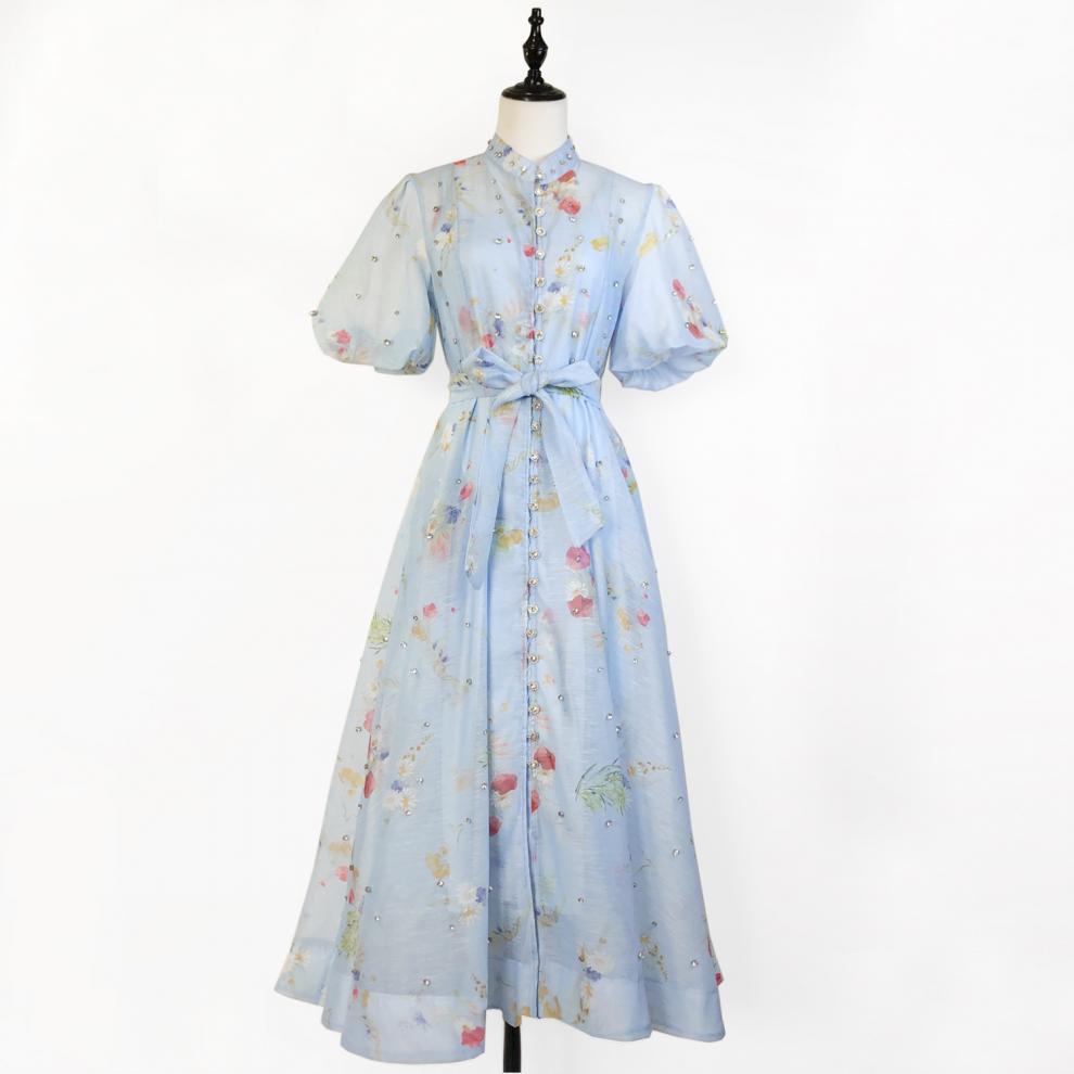 Đầm maxi nữ thắt eo cổ đứng tay lồng đèn đính đá phong cách Pháp — Màu trơn xanh lam, Màu trơn trắng, Hoa xanh da trời, Hoa hồng đậm chi tiết 14