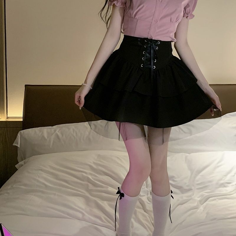 (2개) 여름 새로운 유니폼 세트 여성의 핑크 달콤한 꽉 허리 슬림 퍼프 소매 셔츠 높은 허리 케이크 스커트