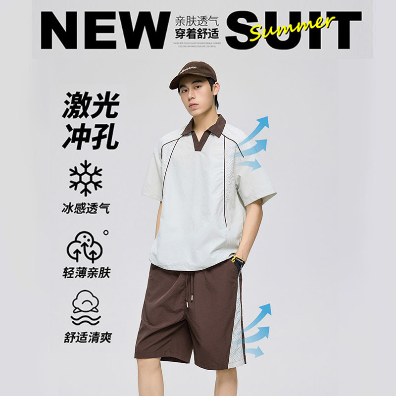 Ice Silk Quick-Drying Sports Shorts for Men, Summer Breathable Mesh Loose Polo Shirt, American Retro Casual Five-Point Pants for Men