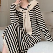 新款秋冬打底衫中长款休闲加大码女装秋毛衣女条纹冬装针织连衣裙