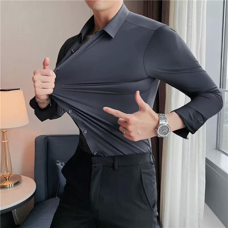 跨境弹力丝绸男式衬衫长袖新款纯色商务职业工装服上班免烫衬衣