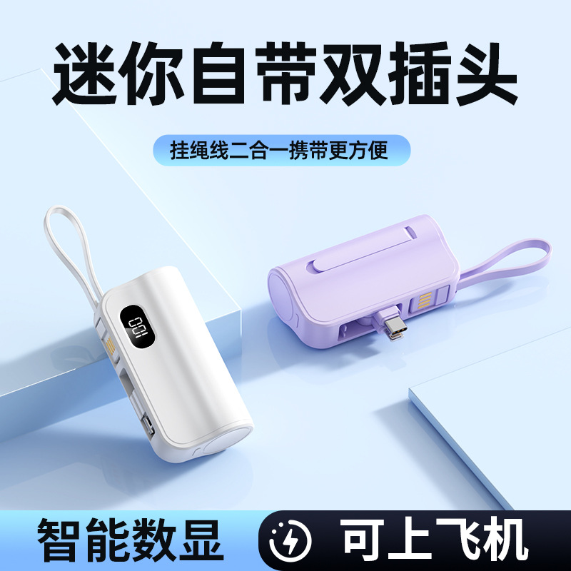 Cross-Border Source Wholesale Capsule-Shaped Power Bank 5000Mah Compact Portable Charger with Built-In Cable and Printed Logo on the End Plug