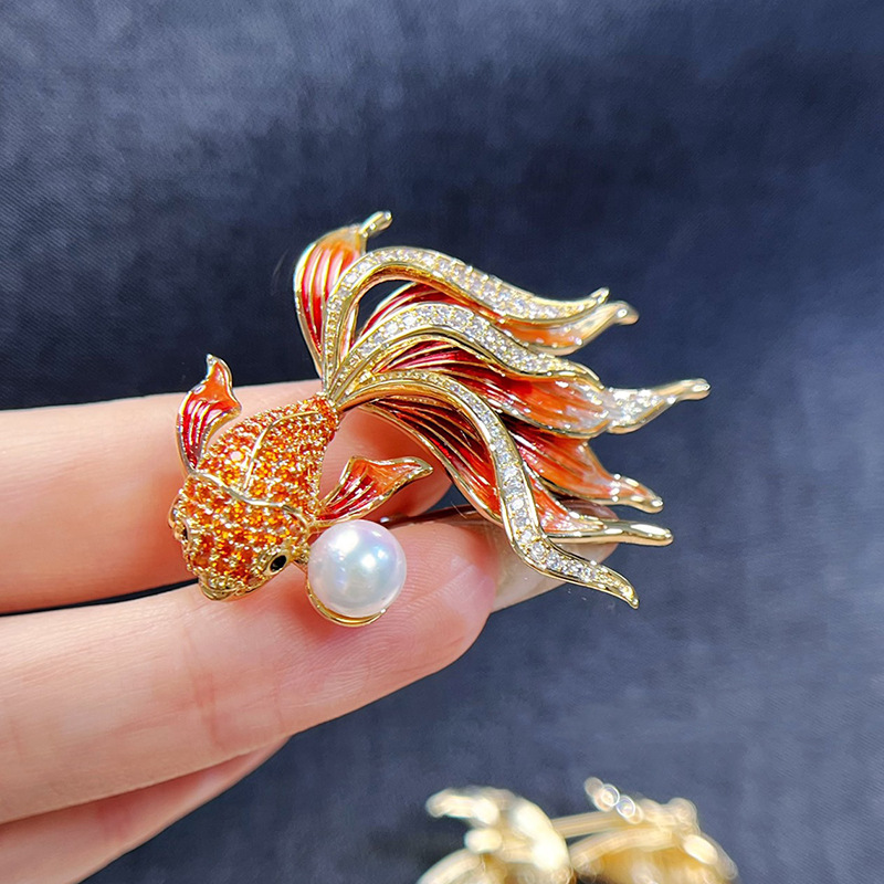 DIY accessories Chinese style koi goldfish brooch enamel copper gold-plated zircon pin pearl corsage empty holder