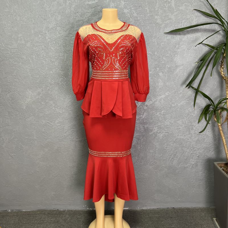 Women's Clothing new mesh splicing solid color hot diamond two piece set_voghion.com