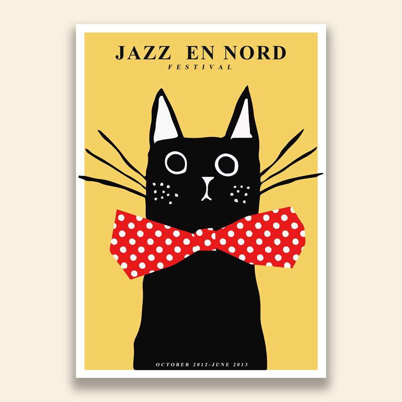 A niche poster featuring a big-eyed cat wearing a red bow tie, in an Instagram-style niche art print