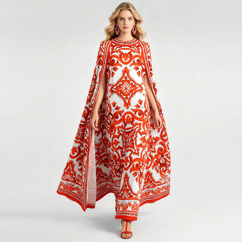 Bohemian resort-style vintage purple floral porcelain print dress, loose-fitting long gown with bell sleeves and slit, summer dress for women Bohemian resort-style vintage purple floral porcelain print dress, loose-fitting long gown with bell sleeves and slit, summer dress for women