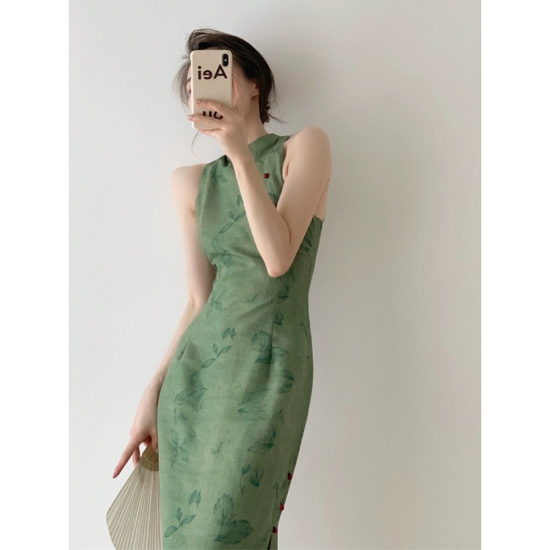 夏季新款显白绿色露背包臀裙改良版新中式国风旗袍裙修身连衣裙