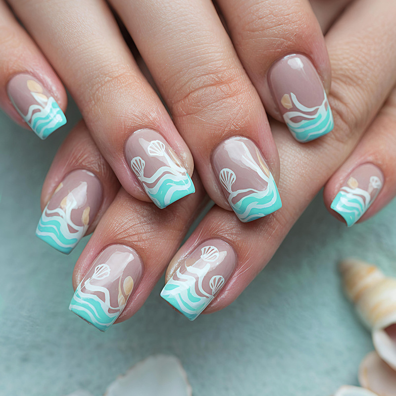 Summer Beach Manicure, Fresh Sea Waves, Shells, Conch Nail Art, Holiday Vacation Style, Square Nails, Wearable Nails Summer Beach Manicure, Fresh Sea Waves, Shells, Conch Nail Art, Holiday Vacation Style, Square Nails, Wearable Nails