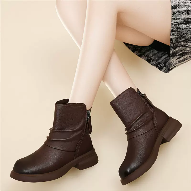 牛皮2025冬季新款圆头黑色厚底短靴女加绒切尔西靴子马丁靴棉鞋