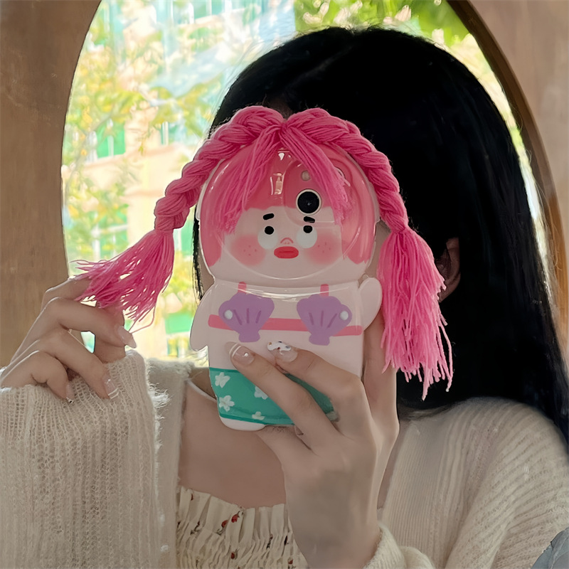 Capa de telemóvel 3d com menina trançada para iphone 15 pro max 13 14_voghion.com