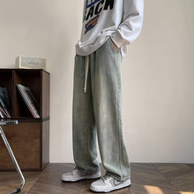 2024复古男士牛仔裤春季潮流INS高街男孩宽松阔腿松紧带休闲长裤