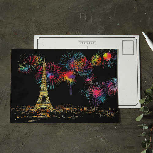 Small colorful city night scene scratch-off painting 4-piece postcard style scratch-off painting set cross-border creative birthday gift