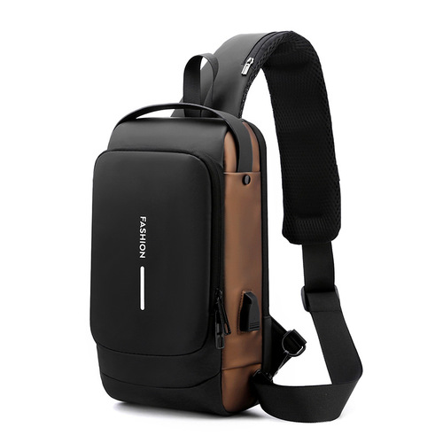 Leather Chest Bag Men's Chest Bag USB Charging Backpack Water-Repellent Backpack Shoulder Bag Commuting Crossbody Chest Bag