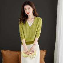 V领假两件针织衫女上衣早秋2024新款秋装薄款洋气网纱毛衣打底衫
