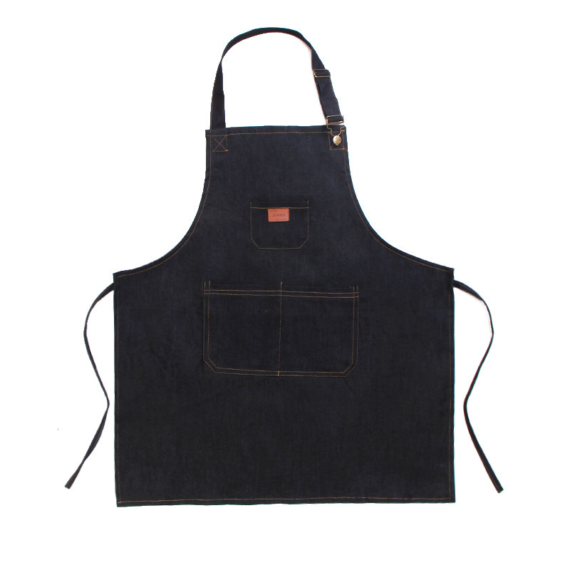 Estilo coreano cafetería Halter Denim delantal moda adulto trabajo ajustable ropa de trabajo impreso logotipo delantal