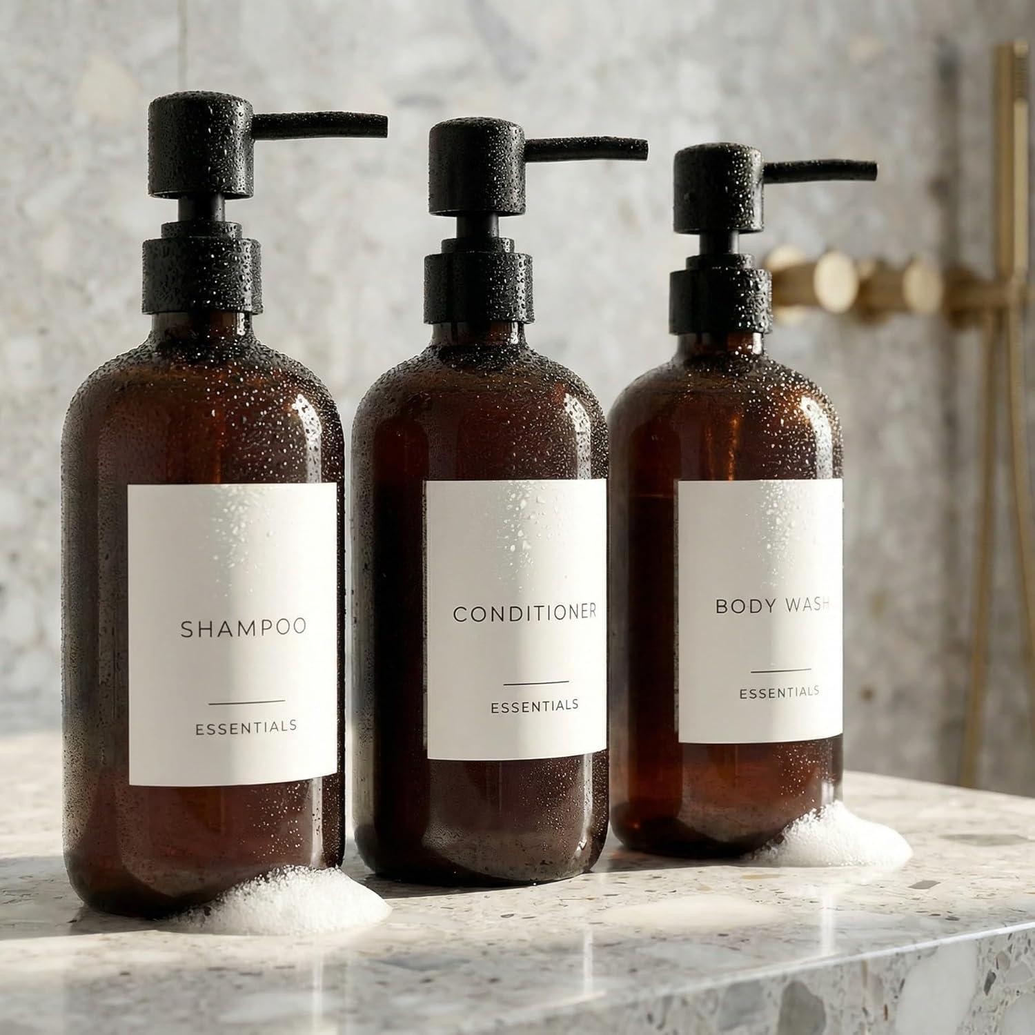 Stock 500ml ámbar PET baño tres piezas dispensador botellas de plástico PET 500ml botellas de plástico