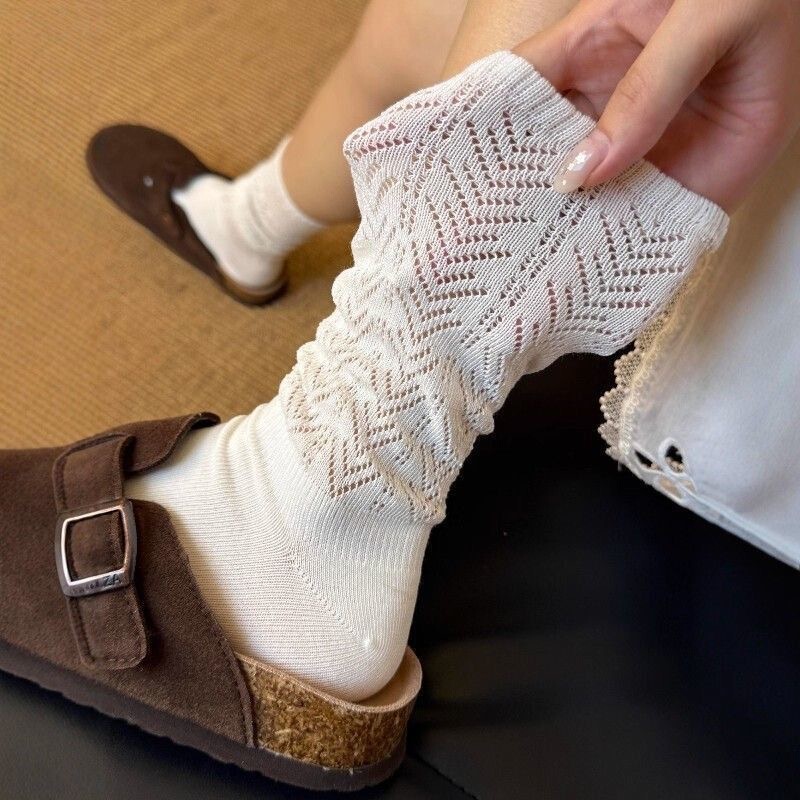 White Pile Socks for Women in Spring & Fall, Worn with Birkenstocks, Breathable Mid-Calf Cotton, Simple and Versatile Outer Calf Socks