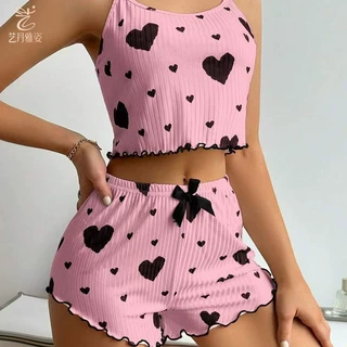 夏季新款欧美2025针织坑条爱心印花设计感甜美吊带短裤纯欲睡衣女