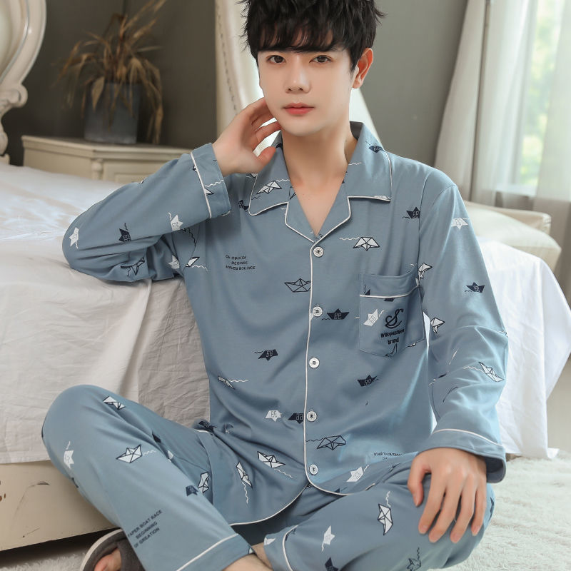Pure Cotton Men's Pajamas Spring and Autumn Korean Style Youth Summer Home Clothes Men's Long-Sleeved Suit Loose Plus Size
