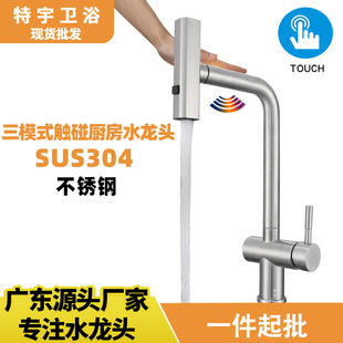 Balcony 304 Stainless Steel Pull-Out Hot and Cold Faucet Four-Way Brushed Flying Fish Three-Mode Touch Kitchen Faucet