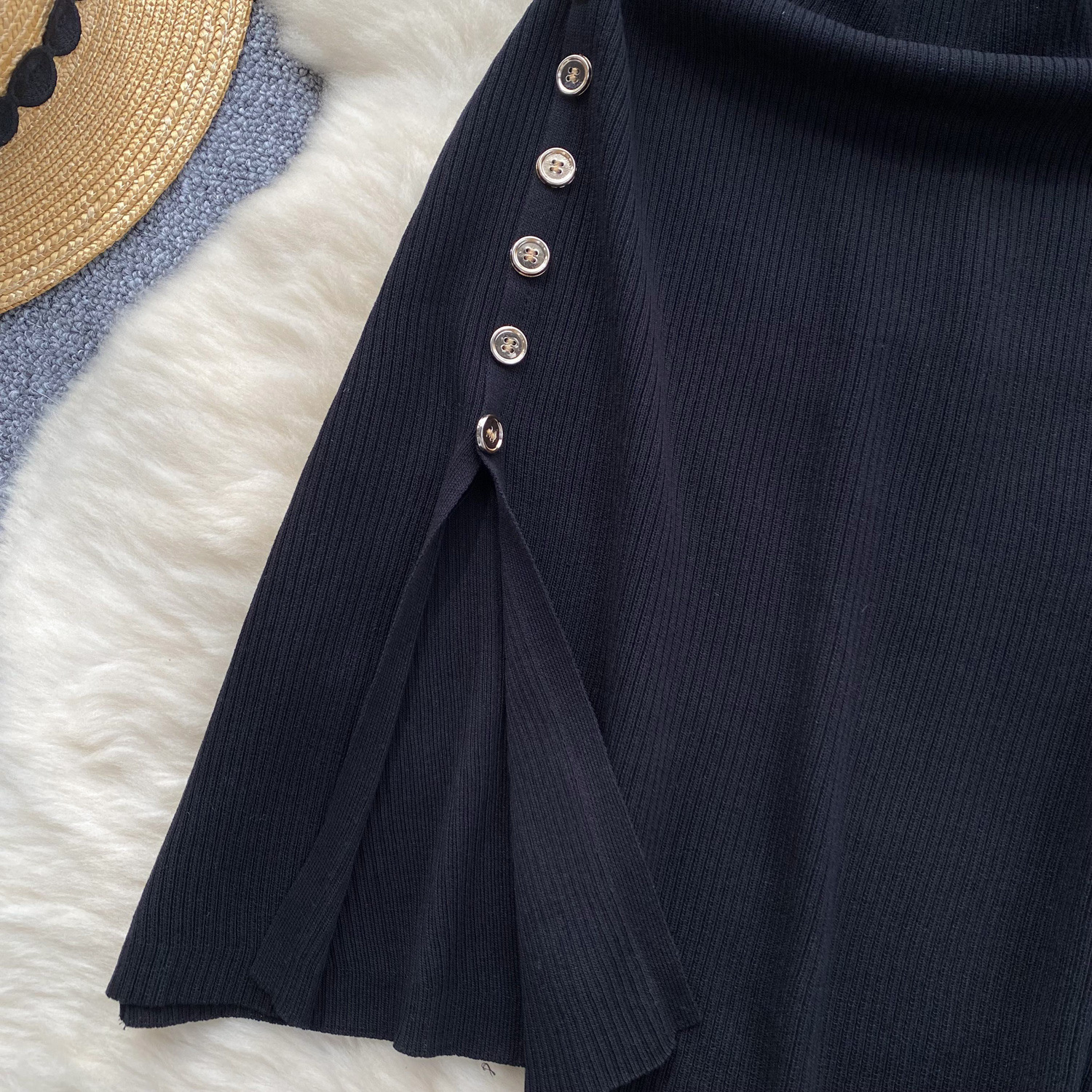 Women's Clothing Elegant High Neck Short Sleeved Women's Knit Dress Button Down Design Slimming Waistline Slit For Stylish Occasions_ecoleips.com