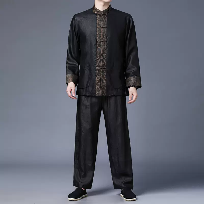 100%桑蚕丝套装重磅香云纱男士新款真丝上衣春季男裤中式印染唐装