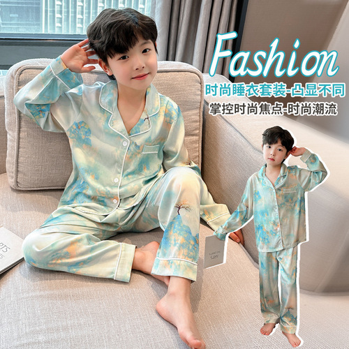 Children's Spring and Summer 2024 New Ice Silk Long-Sleeve Pajama Set for Big Kids - Thin Air Conditioning Wear for Boys