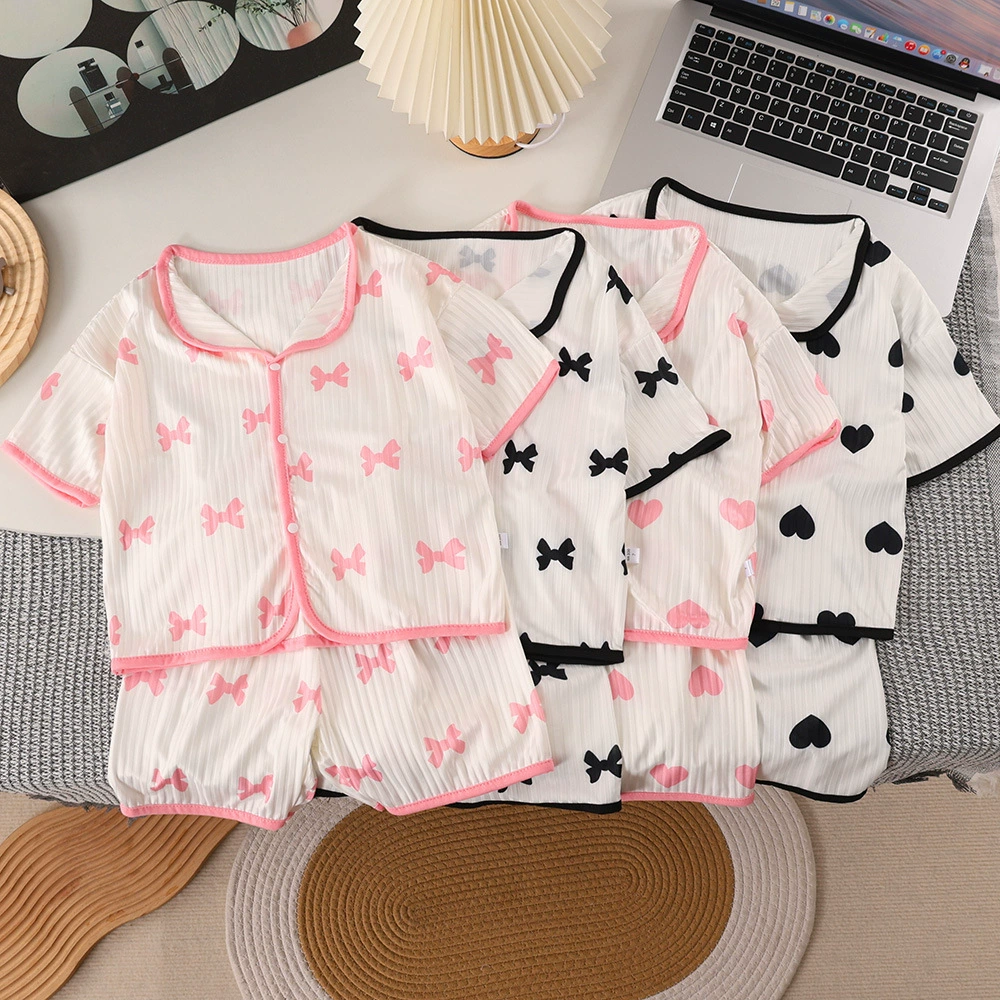 Детский летний костюм из льняной ткани для девочек 2025 года, пижама с лацканами, средний и большой размер, короткий рукав