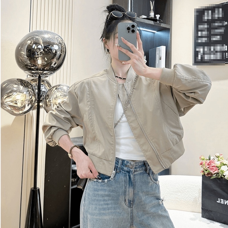 早秋女短款百搭休闲夹克上衣小个子简约时尚立领棒球服运动外套潮|undefined