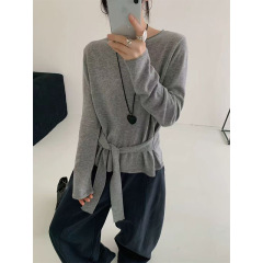 韩系极简风收腰绑带设计感针织上衣女秋季新款百搭宽松慵懒打底衫
