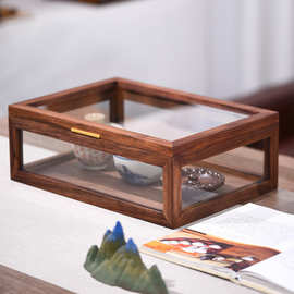 黑胡桃木防尘透明五面玻璃柜茶具收纳盒盲盒展示盒首饰茶几收纳盒