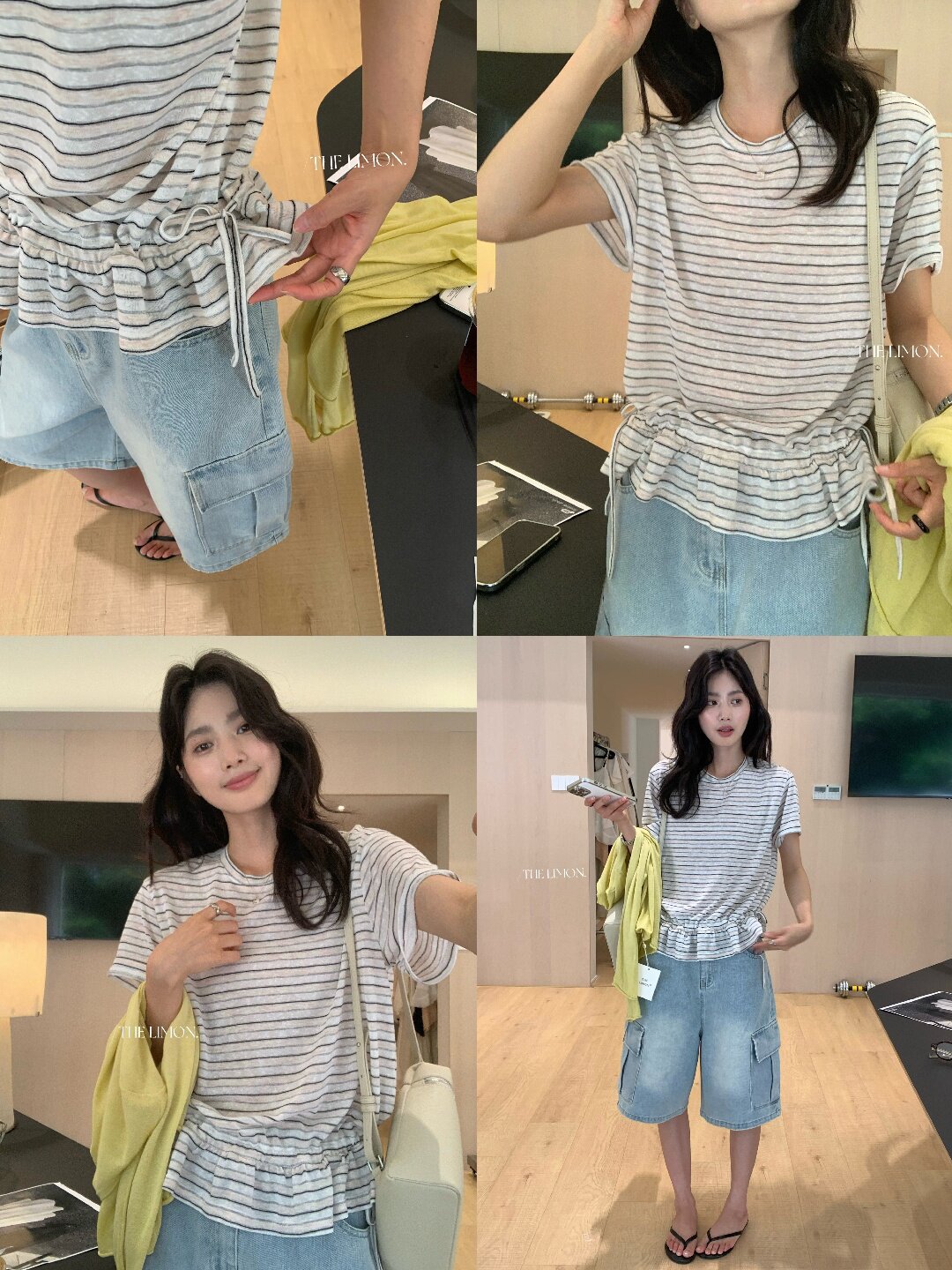 Áo thun nữ tay ngắn cổ tròn sọc kẻ phối bèo nhún, thiết kế eo rút dây thời trang — màu đen, màu trắng chi tiết 46