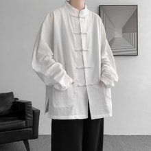 新中式男装亚麻长袖衬衫男夏季民国风汉服长衫外套中山装马褂唐装