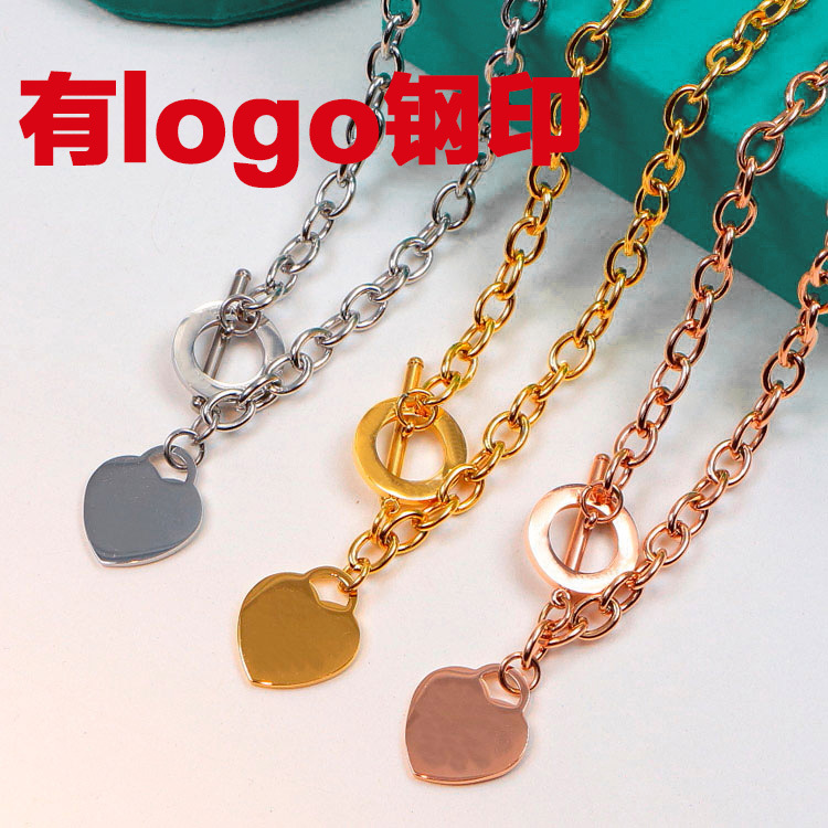 双T爱心字母圆环吊坠项链 18k不锈钢粗链条手链女生批发情侣代发