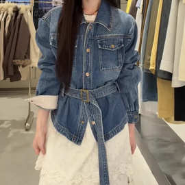 美式复古收腰系带牛仔外套女春季新款设计感百搭正肩短款夹克上衣